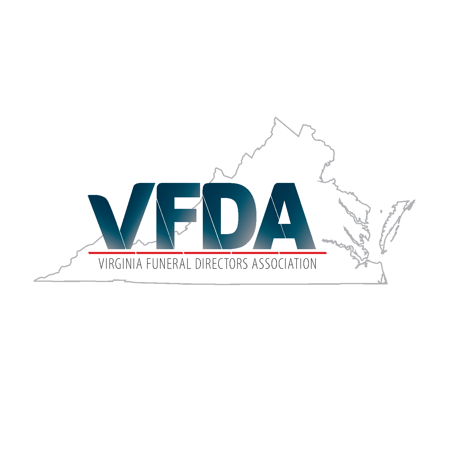 VFDA is the Virginia Funeral Directors Association overlays the outline of the state of Virginia.